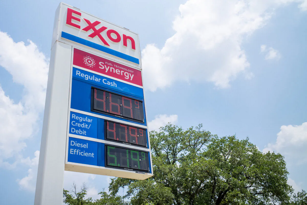 Gas prices are seen on an Exxon Mobil gas station sign in Houston, Texas, on June 9, 2022. (Brandon Bell/Getty Images)