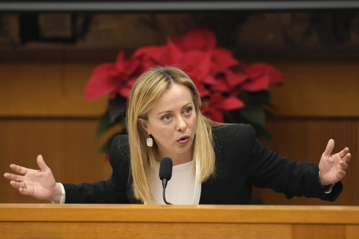 Italian Premier Giorgia Meloni holds her year-end press conference in Rome, on Dec. 29, 2022. (Alessandra Tarantino/AP Photo)