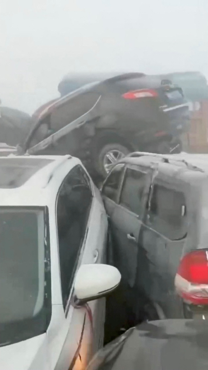 Cars crash during a traffic accident, in Zhengzhou, China