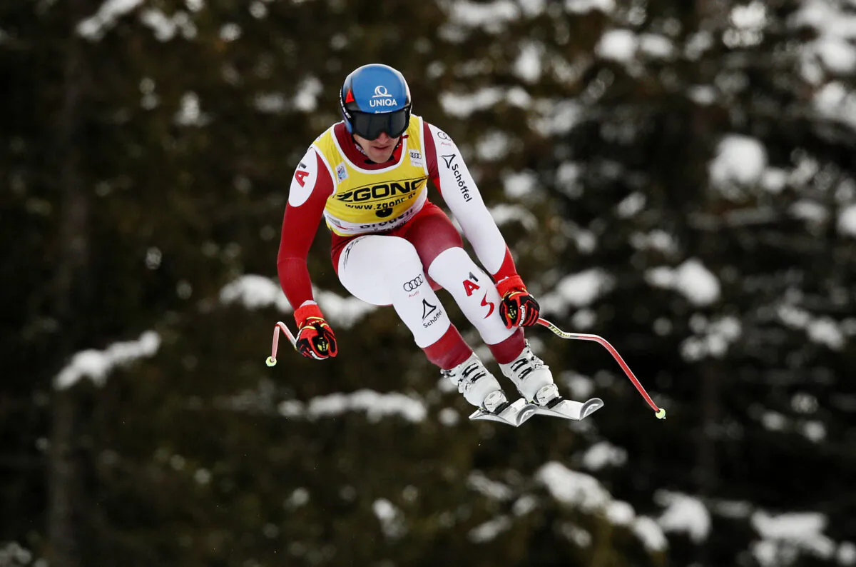 Austria's Matthias Mayer in action during the Audi FIS Alpine Ski World Cup Men's Downhill Training in Val Gardena, Italy, on Dec. 15, 2022. (Alessandro Garofalo/Reuters)