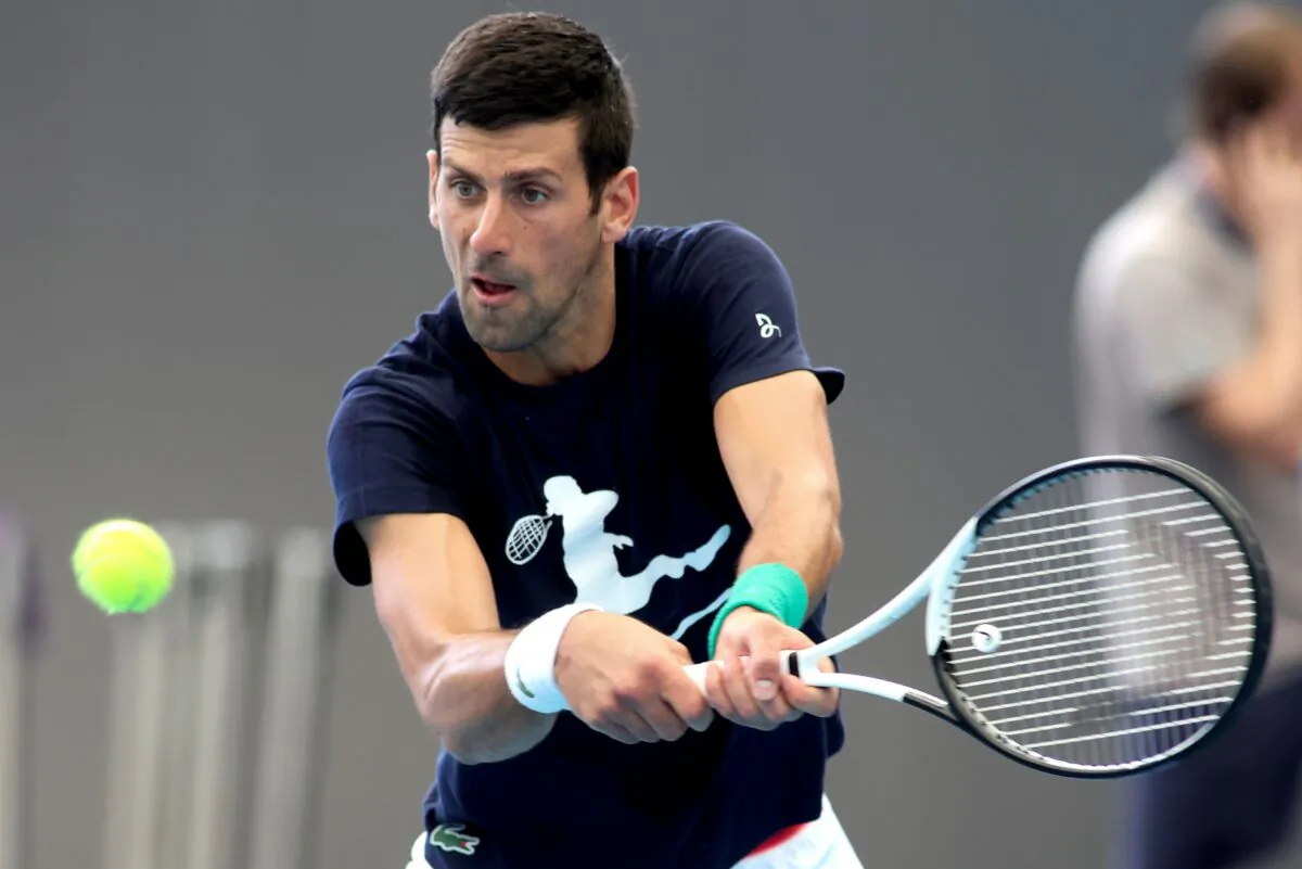 Serbia's Novak Djokovic makes a backhand return during a practice session ahead of the Adelaide International Tennis tournament in Adelaide, Australia on Dec. 29, 2022. (Kelly Barnes/AP Photo)