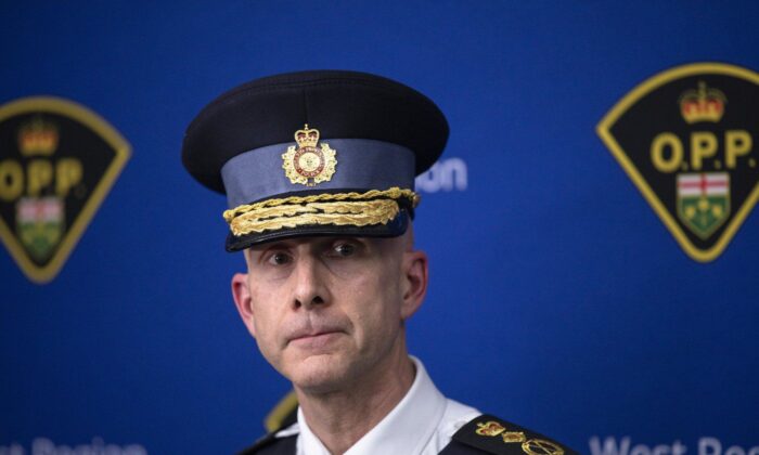 Ontario Police Commissioner Thomas Carrique speaks to the media during a press conference at the Haldimand OPP Detachment in Cayuga, Ontario, December 28, 2022.  (The Canadian Press/Nick Iwanyshyn)