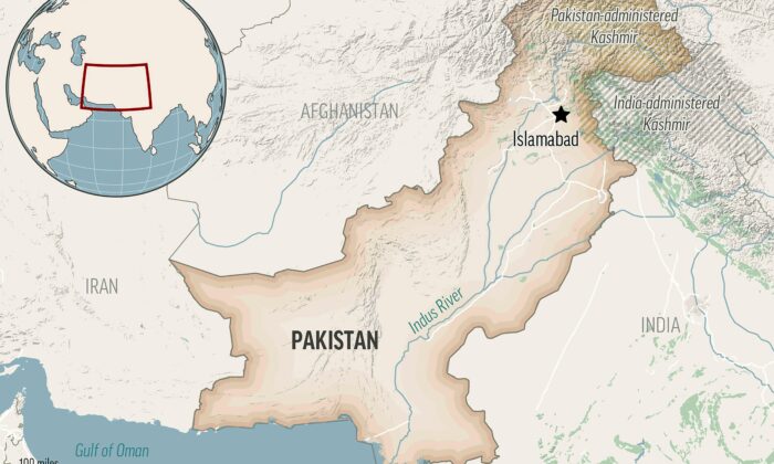 The locator map for Pakistan with its capital, Islamabad, and the Kashmir region. (AP Photo)
