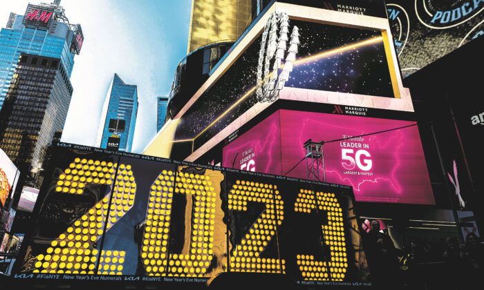 The New Year's Eve numerals “2023” are displayed in New York's Times Square on Dec. 20, 2022.  (AP Photo/Julia Nikhinson)