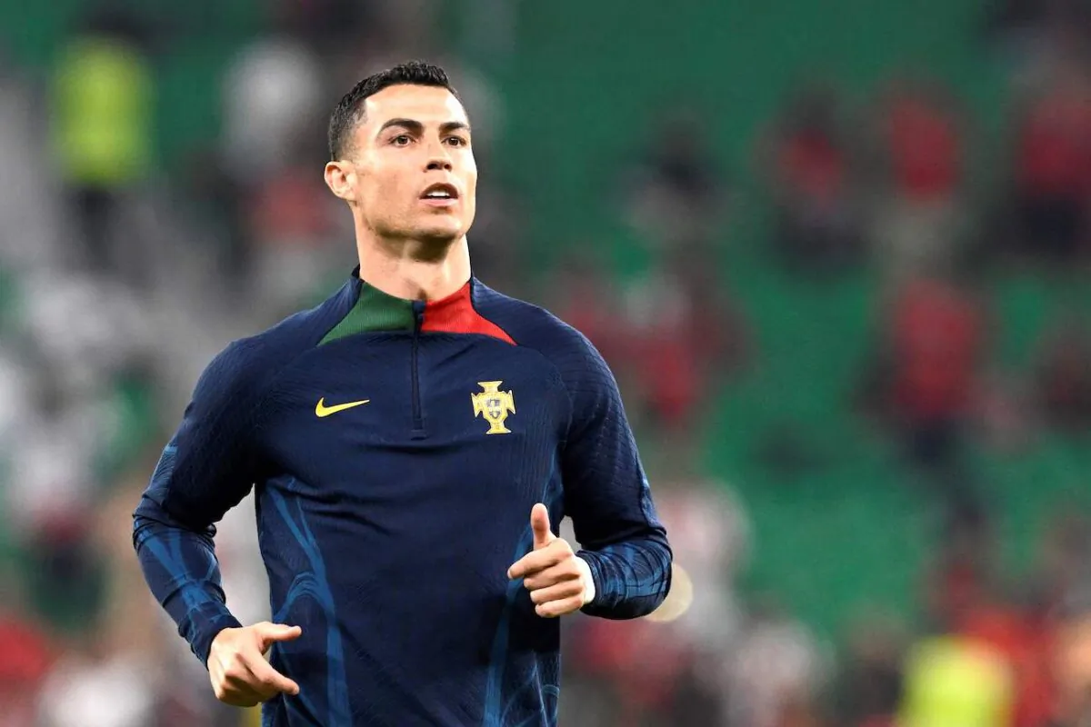 Cristiano Ronaldo warms up at the 2022 World Cup at the Al-Thumama Stadium in Doha, Qatar, on Dec. 10, 2022. (Patricia de Melo Moreira/AFP via Getty Images)