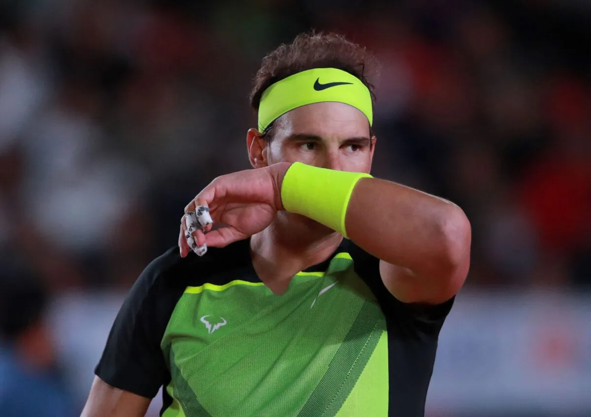 Spain's Rafael Nadal reacts during his exhibition match against Norway's Casper Ruud, at Plaza de Toros Mexico, in Mexico City, Mexico, on Dec. 2, 2022. (Henry Romero/Reuters)