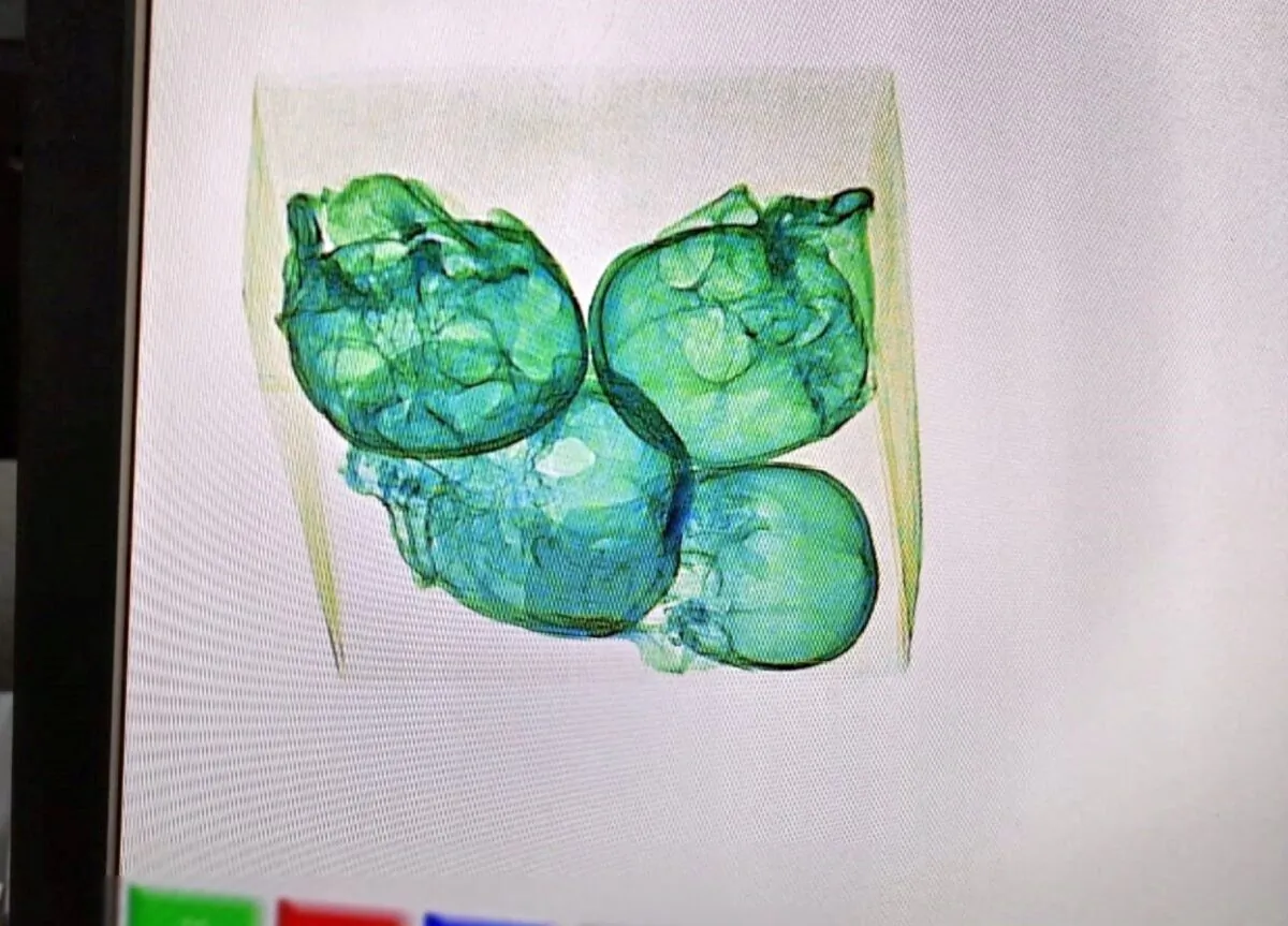 Four human skulls wrapped in plastic and aluminum foil are detected by X-ray equipment during an inspection by the National Guard inside a package bound for the United States at a courier company located at the Queretaro Intercontinental airport, in Queretaro, Mexico, in this photo distributed on Dec. 30, 2022. (Mexico's Guardia Nacional/Handout via Reuters)