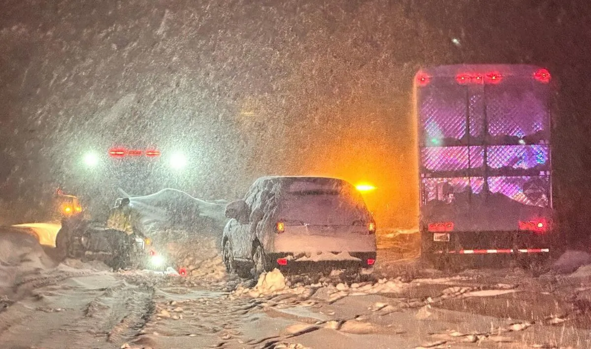 Vehicles stranded along the Interstate 80 at the Nevada State line and Colfax, Calif., on Dec. 31, 2022. (California Highway Patrol Truckee via AP)