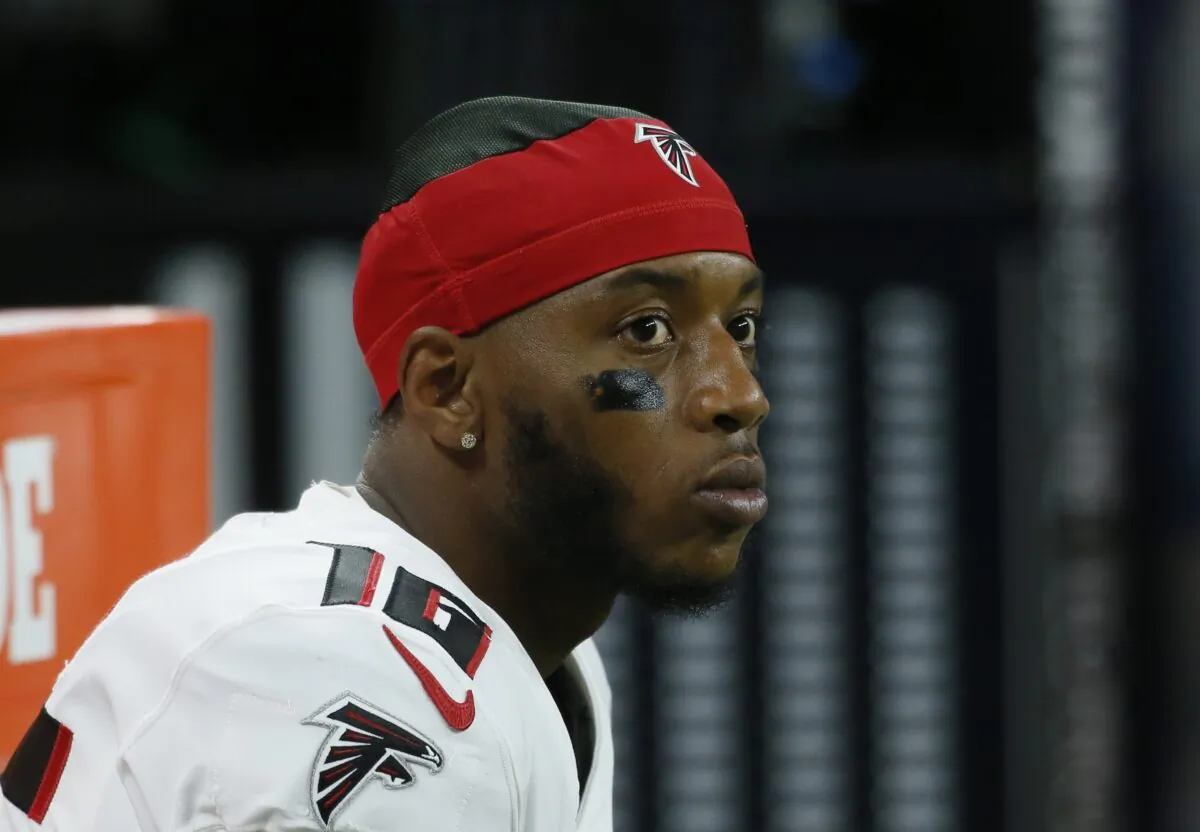 Atlanta Falcons wide receiver Cameron Batson looks on during the first half of a preseason NFL football game against the Detroit Lions in Detroit on Aug. 12, 2022. (Duane Burleson/AP Photo)