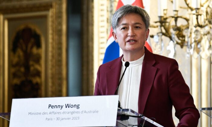 Australian Foreign Minister Penny Wong speaks during a press conference after a joint meeting with her French counterpart at Quai dOrsay in Paris, on Jan. 30, 2023. (Stephane de Sakutin/AFP via Getty Images)