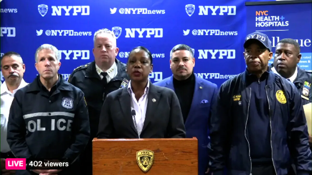 New York Police Commissioner Keechant Sewell (C) speaks during a press conference in New York early on Jan. 1, 2023, in a still from video. (NYPD)