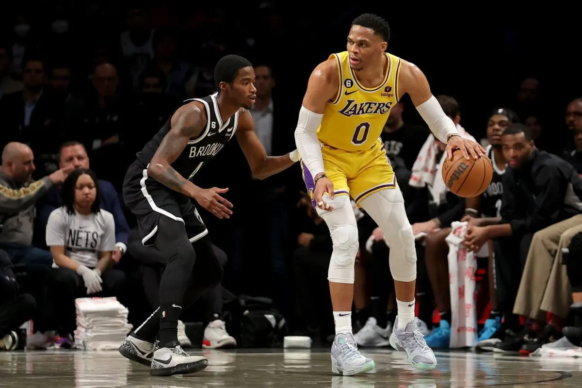Los Angeles Lakers guard Russell Westbrook (0) controls the ball against Brooklyn Nets guard Edmond Sumner (4) during the second quarter at Barclays Center in New York on Jan. 30, 2023. (Brad Penner/USA TODAY Sports via Field Level Media)