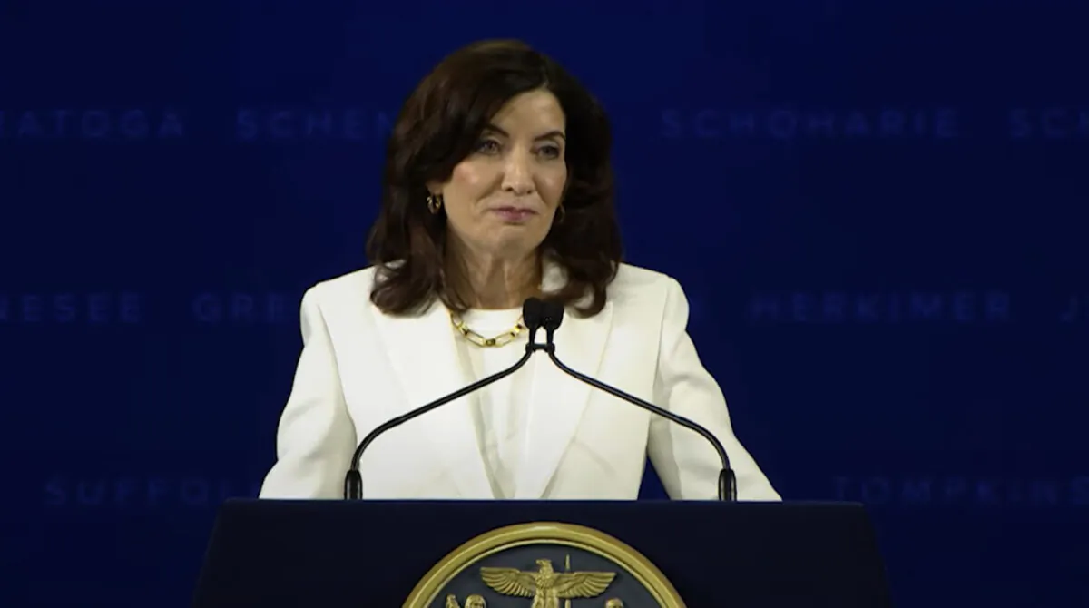 New York Gov. Kathy Hochul gives a speech at her inauguration ceremony in Albany, N.Y. on Jan. 1, 2023, in a still from video. (New York Governor's Office/Screenshot via NTD)