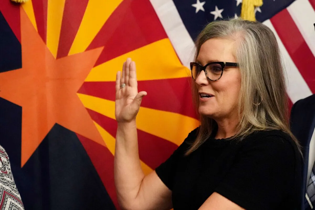 The new Arizona Democratic Gov. Katie Hobbs takes the oath of office in a ceremony at the state Capitol in Phoenix, on Jan. 2, 2023. (Ross D. Franklin, Pool/AP Photo)