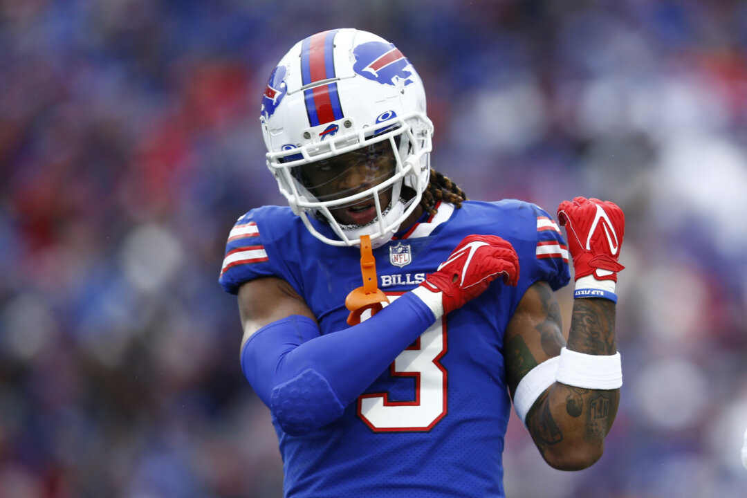 Damar Hamlin #3 of the Buffalo Bills celebrates after a tackle during the first quarter against the Minnesota Vikings at Highmark Stadium in Orchard Park, New York, on Nov. 13, 2022. (Isaiah Vazquez/Getty Images)