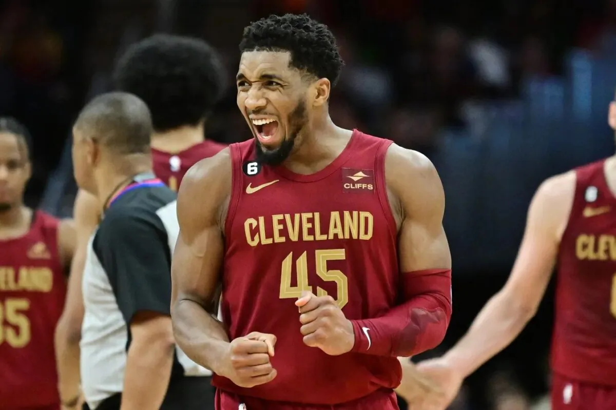 Cleveland Cavaliers guard Donovan Mitchell (45) reacts after a basket during the second half against the Chicago Bulls at Rocket Mortgage FieldHouse in Cleveland on Jan. 2, 2023. (Ken Blaze/USA TODAY Sports via Field Level Media)