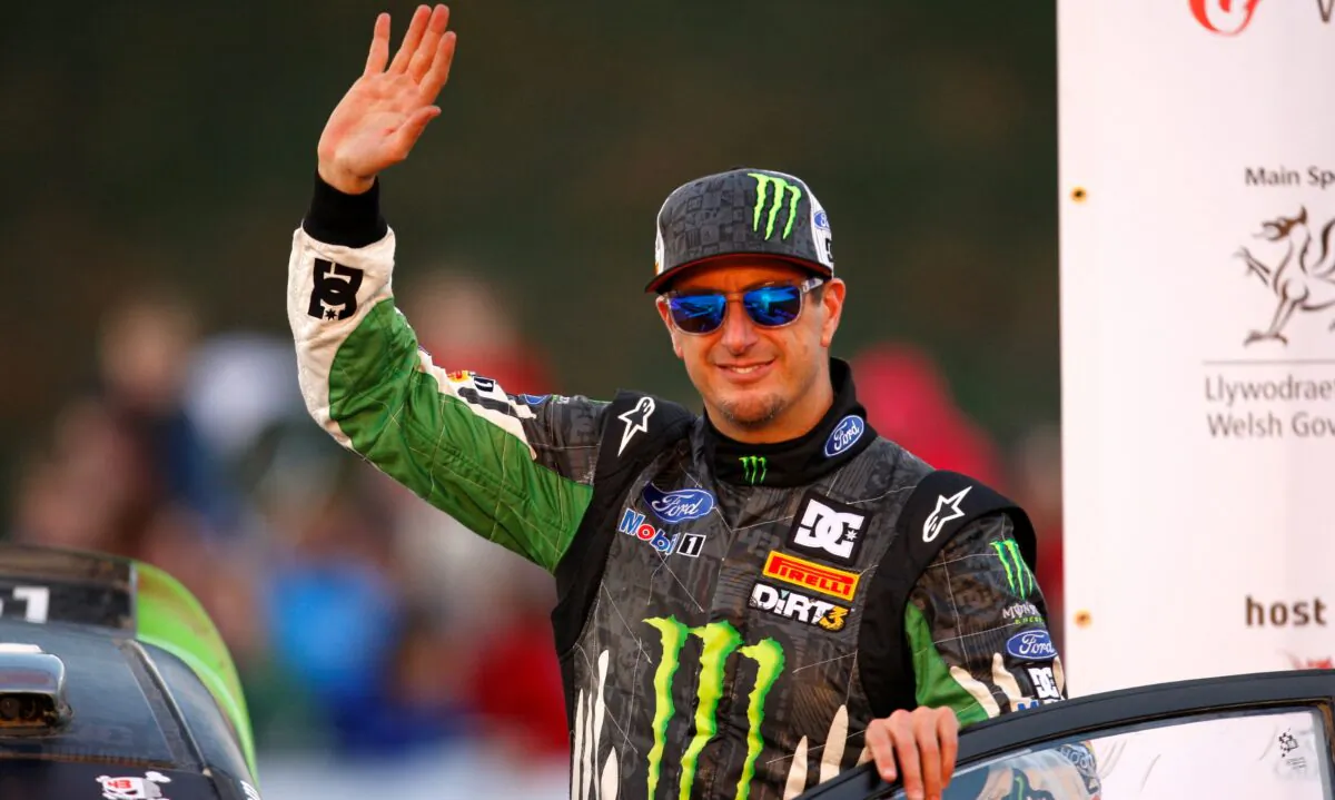 Ken Block of the United States waves to the crowds at the FIA World Rally Championship Great Britain at Cardiff Castle in Cardiff, Wales, on Nov. 13, 2011. (Paul Harding/Action Images via Reuters)