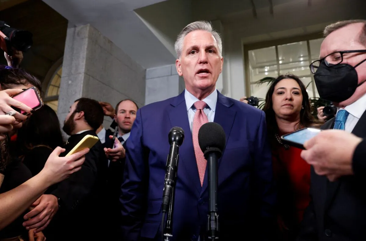 U.S. House Republican leader Kevin McCarthy (R-Calif.) talks with reporters after a House Republican caucus meeting on the first day of the 118th Congress at the U.S. Capitol in Washington on Jan. 3, 2023. (Reuters/Jonathan Ernst)