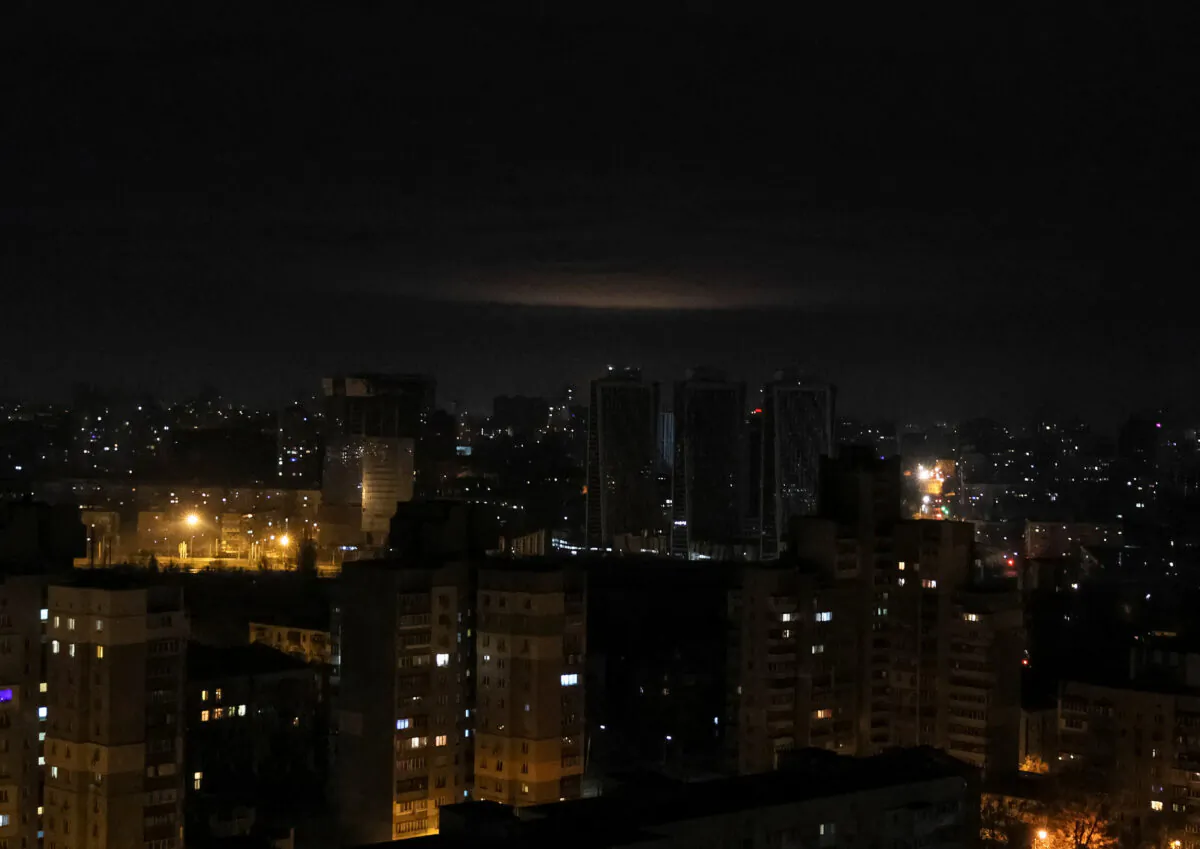 A glow from explosion is seen over the city's skyline during a Russian drones strike, amid Russia's attack on Ukraine in Kyiv on Jan. 1, 2023. (Gleb Garanich/Reuters)