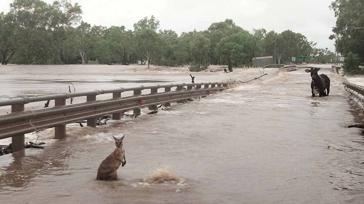 A supplied image obtained on Wednesday, Jan. 4, 2023, of floodwaters in the Kimberley region of Western Australia. A remote Western Australian town surrounded by a 100-year flood has become a refuge for hundreds of people evacuated from outlying communities. (AAP Image/Supplied by Andrea Myers)