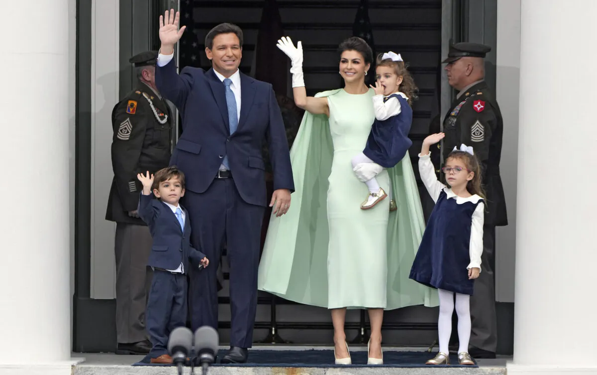 Florida Gov. Ron DeSantis (2nd L) waves as he arrives with his wife, Casey, and their children Mason, Madison, and Mamie during his inauguration ceremony outside the Old Capitol in Tallahassee, Fla., on Jan. 3, 2023. The DeSantises say being parents of small children makes them appreciate the importance of family leave. (Lynne Sladky/AP Photo)