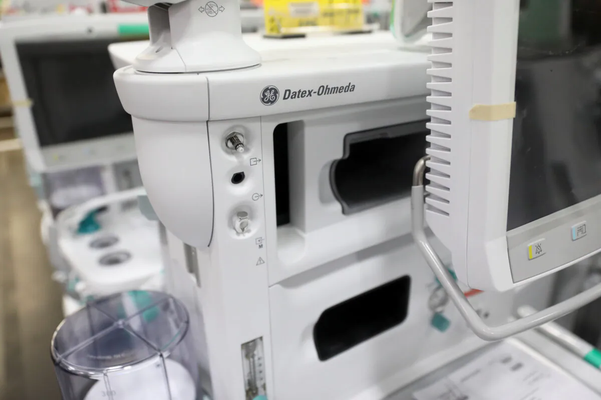 A completed GE digital anesthesia carestation stands as Vice President Mike Pence (not pictured) visits a GE Healthcare manufacturing facility during the global coronavirus disease (COVID-19) outbreak in Madison, Wis., on April 21, 2020. (Daniel Acker/Reuters)