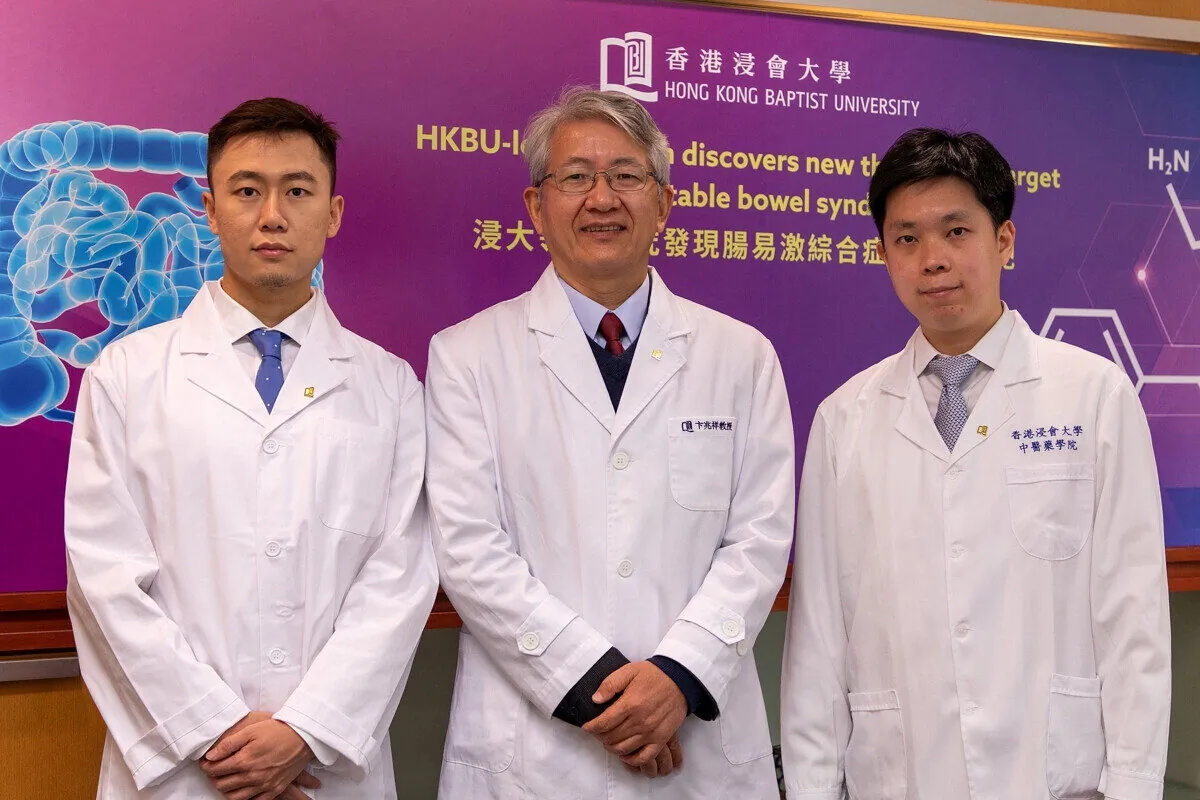 The research team of Professor Bian Zhaoxiang, Director of the Clinical Division and Tsang Shiu Tim Endowed Professor in Chinese Medicine Clinical Studies (C); Dr Xavier Wong Hoi-leong, Assistant Professor of the Teaching and Research Division (R); and Dr Zhai Lixiang, Post-Doctoral Research Fellow (L) of School of Chinese Medicine at Hong Kong Baptist University, in Hong Kong, on Jan. 4, 2023  (Courtesy of HKBU)