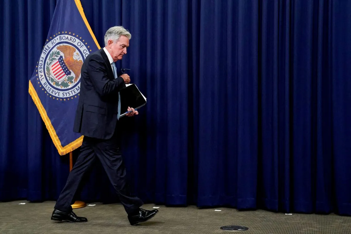 Federal Reserve Chair Jerome Powell departs after facing reporters at a news conference following a two-day meeting of the Federal Open Market Committee (FOMC) in Washington on June 15, 2022. (Elizabeth Frantz/Reuters)