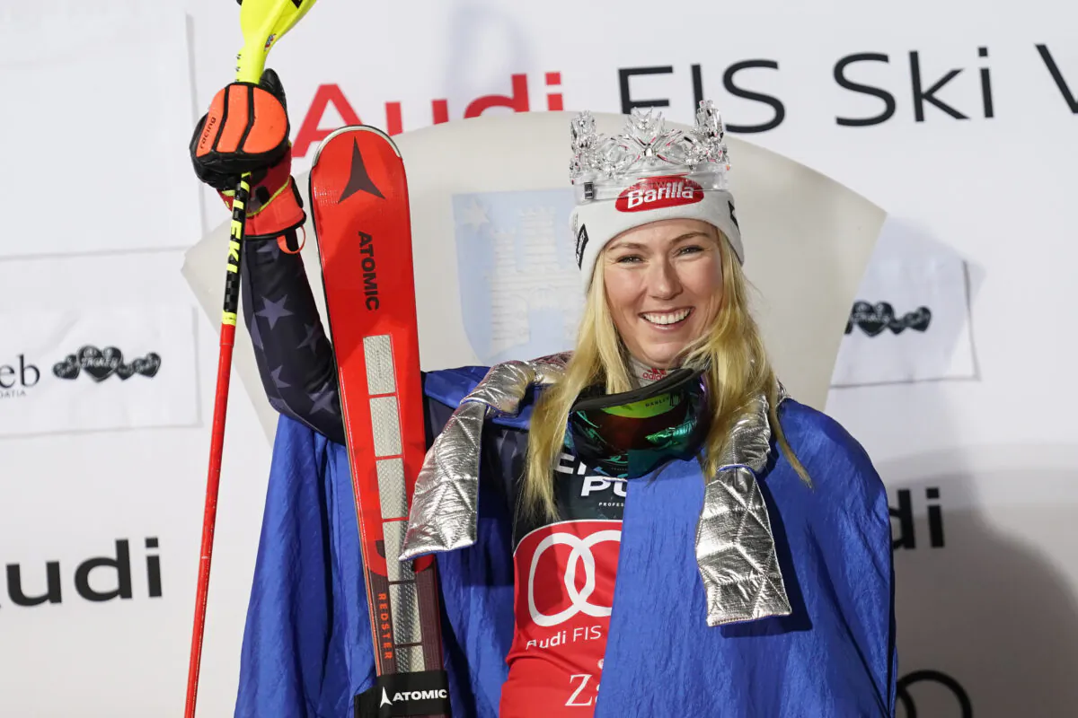 United States' Mikaela Shiffrin celebrates after completing an alpine ski, women's World Cup slalom race, in Zagreb, Croatia, on Jan. 4, 2023. (Giovanni Auletta/AP Photo)