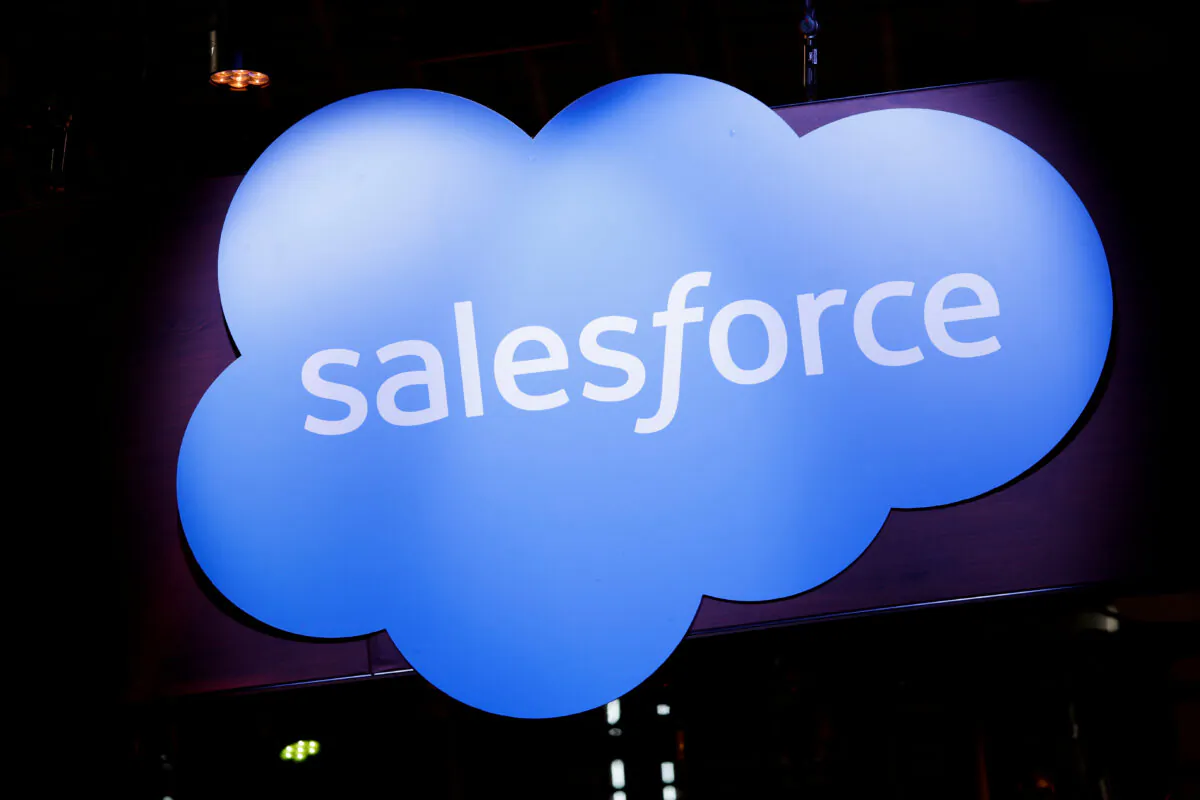 A logo of Salesforce at its exhibition space, at the Viva Technology conference dedicated to innovation and startups at the Porte de Versailles exhibition center in Paris on June 16, 2022. (Benoit Tessier/Reuters)