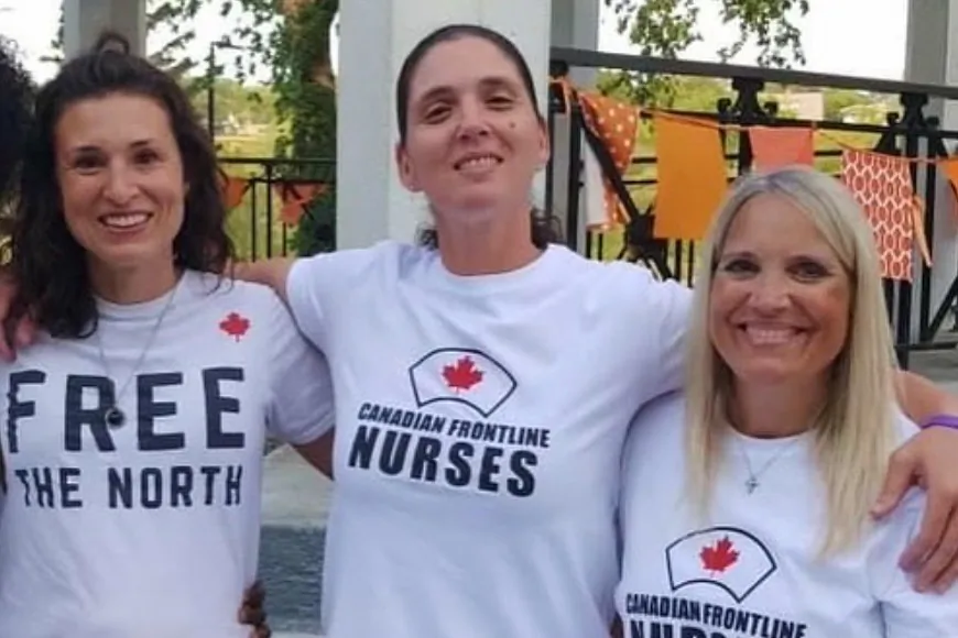 Ontario nurses (L to R) Kristen Nagle, Sarah Choujounian, and Kristal Pitter, who have sued the Canadian Nurses Association and a news organisation for alleged libel. (Courtesy of Canadian Frontline Nurses)
