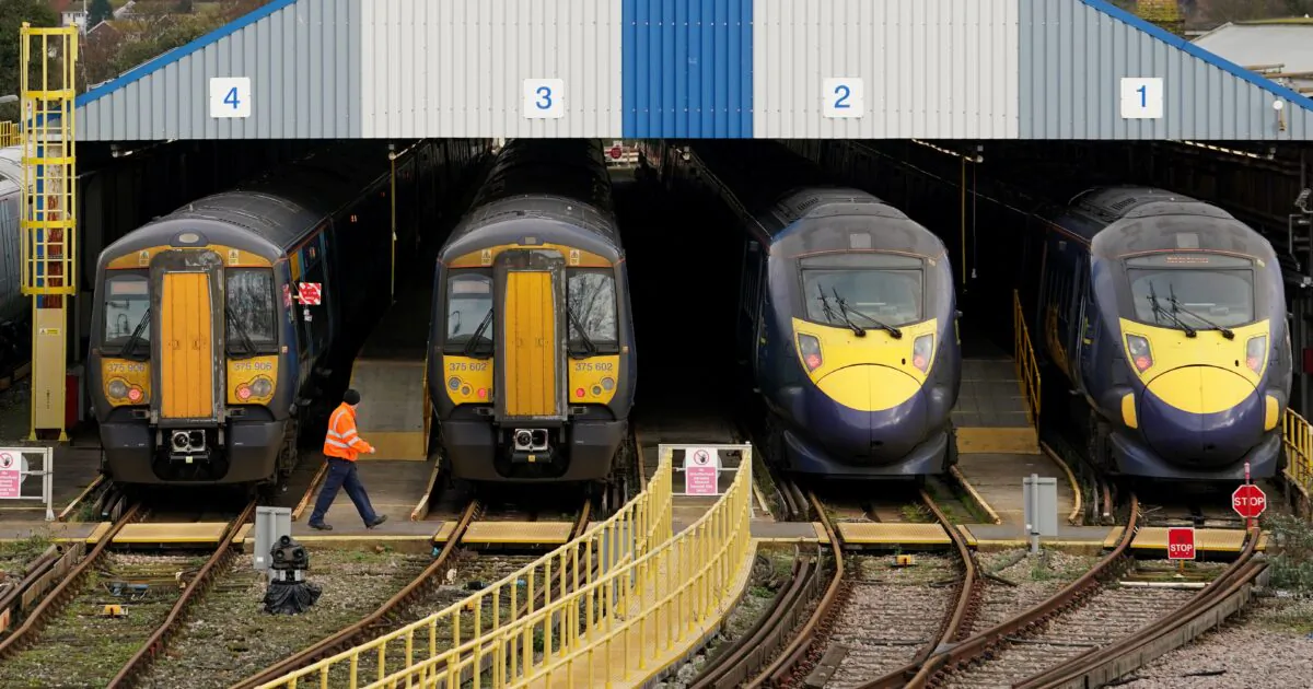 Southeastern trains in sidings during a strike by train drivers from the Aslef union, at Ramsgate station in Kent, England, on Jan. 5, 2023. (Gareth Fuller/PA Media)