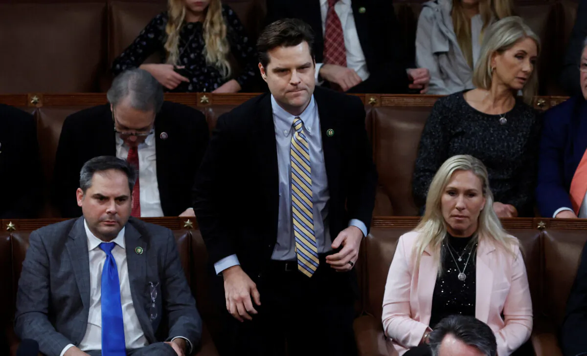 Rep. Matt Gaetz (R-Fla.) casts his vote for Speaker of the House for former U.S. President Donald Trump as he stands next to Rep. Marjorie Taylor Greene (R-Ga.) during a 7th round of voting for Speaker of the House on the third day of the 118th Congress at the U.S. Capitol in Washington on Jan. 5, 2023. (Reuters/Evelyn Hockstein)
