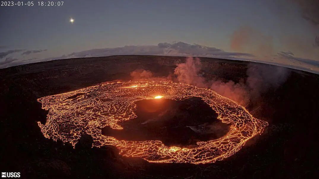 This webcam image provided by the U.S. Geological Survey shows Hawaii’s Kilauea volcano, from the west rim of the summit caldera, looking east, on Jan. 5, 2023. ( U.S. Geological Survey via AP)