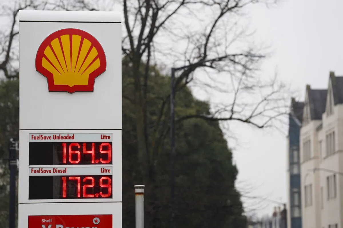 A display sign at a Shell petrol station in Leamington Spa, England, on March 16, 2022. (Jacob King/PA Media0