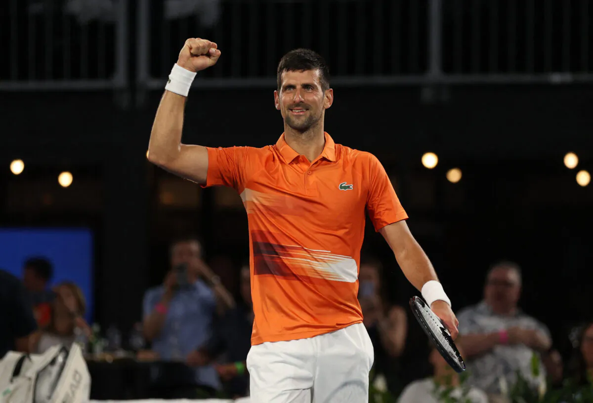 Serbia's Novak Djokovic celebrates winning his semifinal match against Russia's Daniil Medvedev at the Adelaide International in Adelaide, Australia, on Jan. 7, 2023. (Loren Elliott/Reuters)