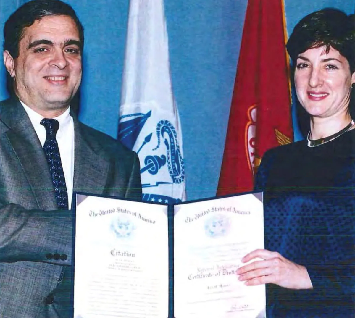 Ana Belen Montes receiving a national intelligence certificate of distinction from George Tenet, who served as Director of Central Intelligence (DCI) for the United States Central Intelligence Agency, in an undated handout image in 2005. (U.S. Department of Defense/Handout via Reuters)