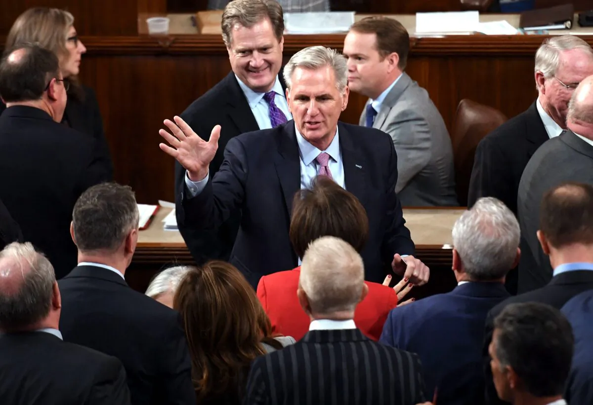 U.S. Representative Kevin McCarthy (R-Calif.) gestures in the House Chamber at the U.S. Capitol in Washington on Jan. 6, 2023. (Olivier Douliery/AFP via Getty Images)