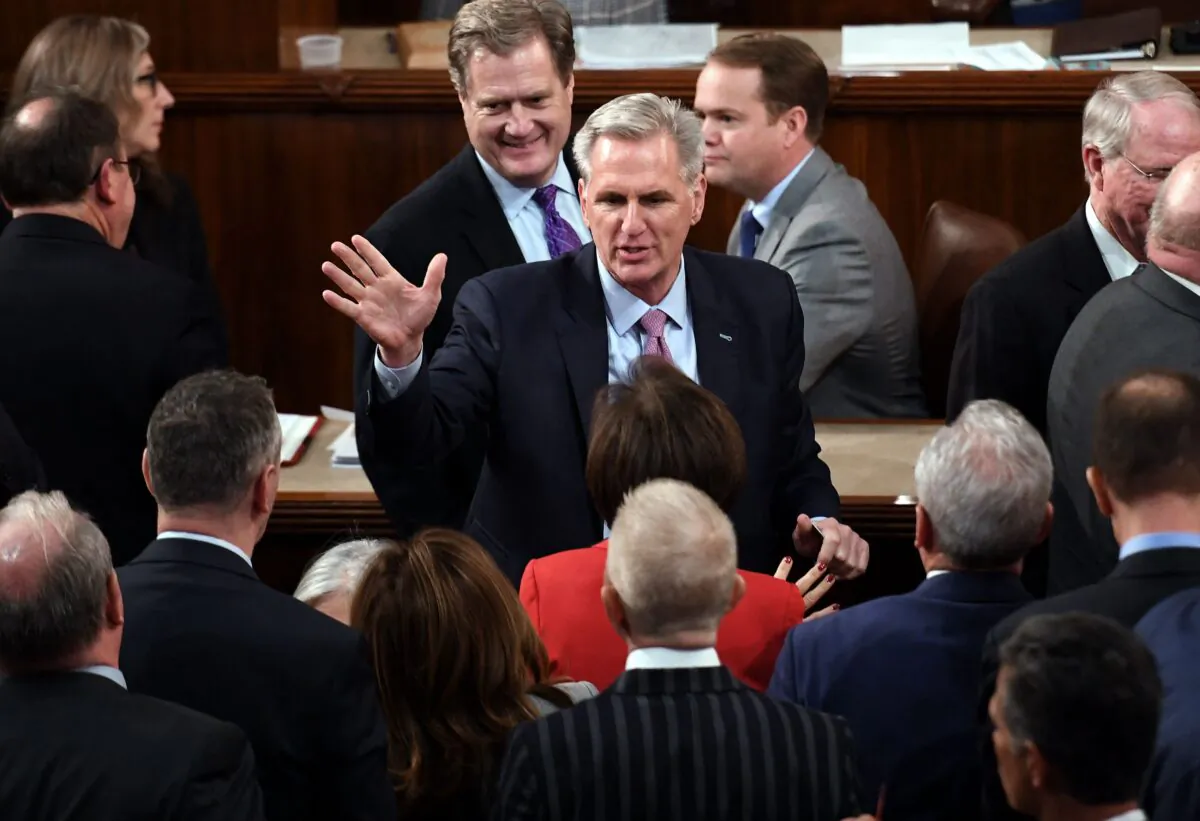 Rep. Kevin McCarthy (R-Calif.) gestures in the House Chamber at the U.S. Capitol in Washington on Jan. 6, 2023. (Oliver Douliery/AFP via Getty Images)