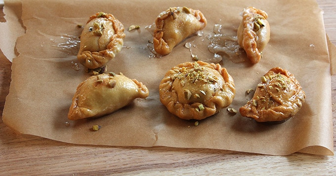 Pistachio and Apricot Pastries (Chandrakala) in Rose Syrup