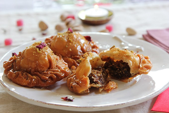 Pistachio and Apricot Pastries (Chandrakala) in Rose Syrup