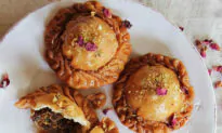 Pistachio and Apricot Pastries (Chandrakala) in Rose Syrup