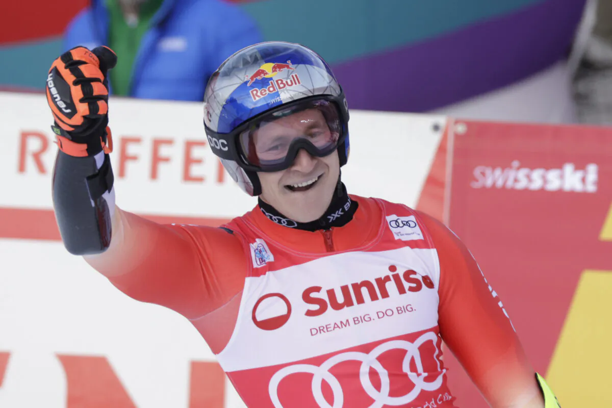 Switzerland's Marco Odermatt reacts after winning an alpine ski, men's World Cup giant slalom race, in Adelboden, Switzerland, on Jan. 7, 2023. (Giovanni Pizzato/AP Photo)