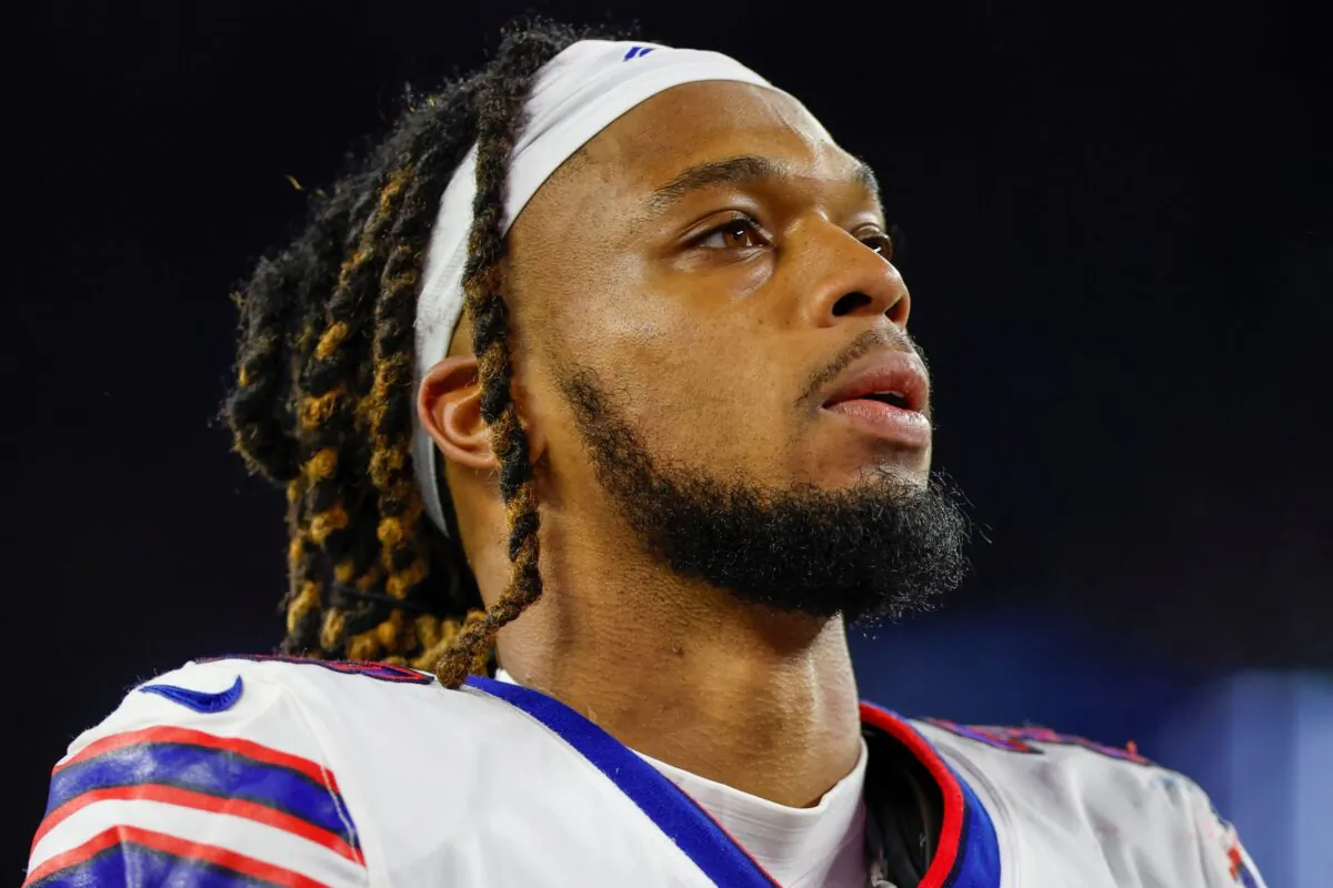 Buffalo Bills defensive back Damar Hamlin (3) leaves the field after an NFL football game against the New England Patriots, in Foxborough, Mass., on Dec. 1, 2022. (Greg M. Cooper/AP Photo)