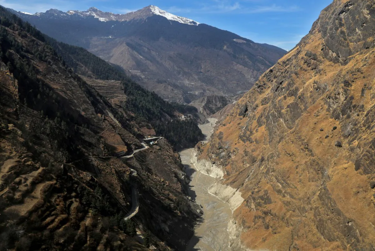 An aerial view shows Dhauliganga river flowing in Chamoli district, in the northern state of Uttarakhand, India, on Feb. 12, 2021. (Anushree Fadnavis/Reuters)
