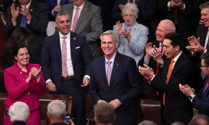 Republican members-elect celebrate as House Republican Leader Kevin McCarthy (R-Calif.) is elected speaker of the House in the House Chamber at the U.S. Capitol Building in Washington, on Jan. 6, 2023. (Win McNamee/Getty Images)