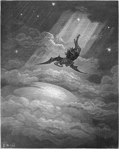 A detail of “Towards the coast of Earth beneath,/Down from the ecliptic, sped with hoped success, / Throws his steep flight in many an aery wheel,” (III. 739-741), 1866, by Gustav Doré for John Milton’s “Paradise Lost.” Engraving. (Public Domain).