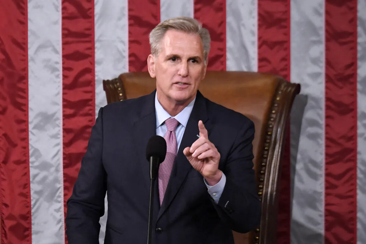 Rep. Kevin McCarthy (R-Calif.) delivers a speech after he was elected Speaker on the 15th ballot at the US Capitol in Washington, on Jan. 7, 2023 (Olivier Douliery/AFP via Getty Images)