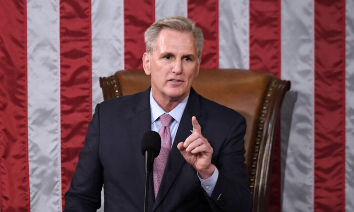 Rep. Kevin McCarthy (R-Calif.) delivers a speech after he was elected on the 15th ballot at the U.S. Capitol in Washington, on Jan. 7, 2023. (Olivier Douliery/AFP via Getty Images)
