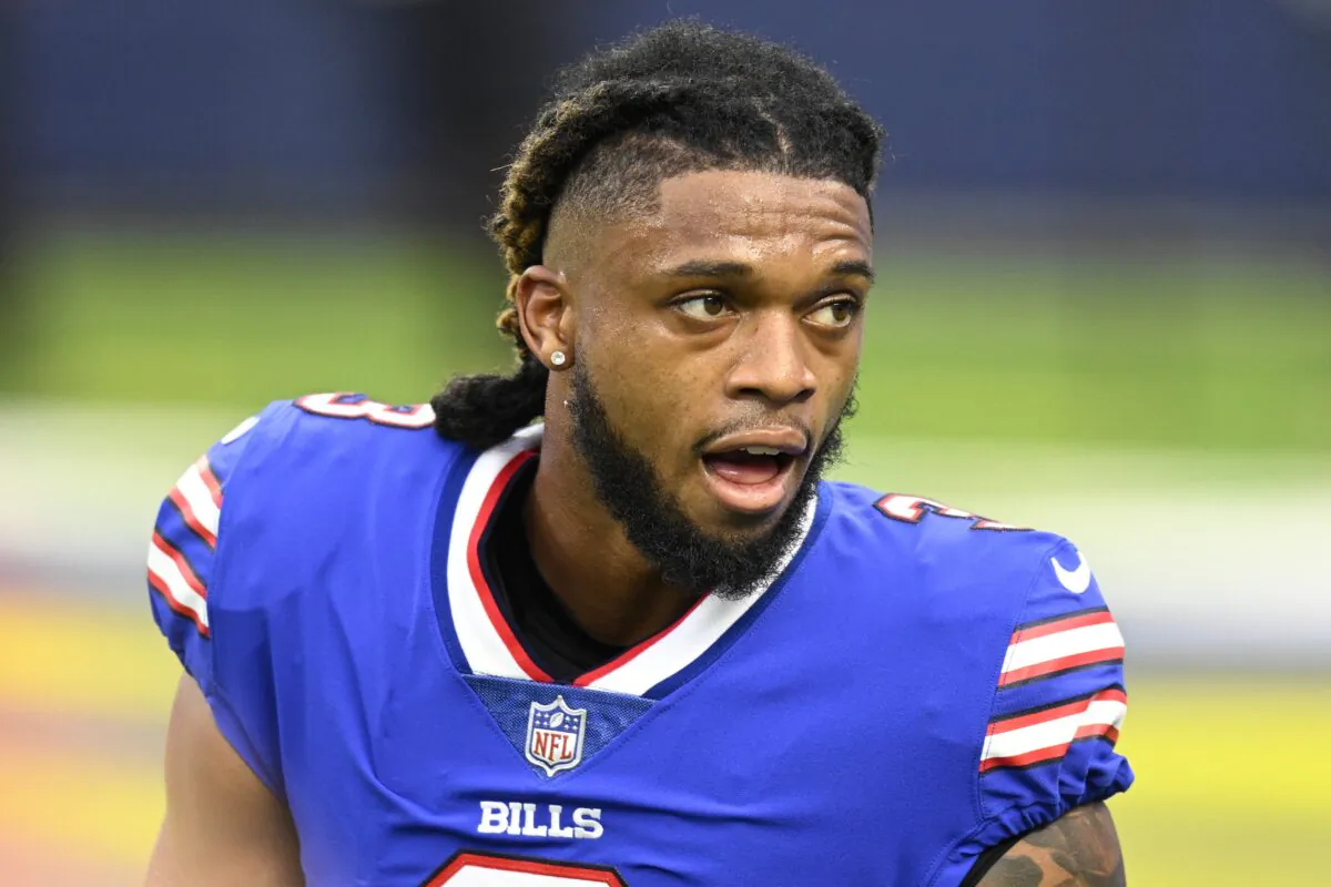 The Buffalo Bills' Damar Hamlin with his helmet off before playing the Los Angeles Rams during an NFL football game in Inglewood, Calif., on Sept. 8, 2021. (John McCoy/AP Photo)